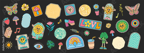 Groovy doodles set. Hippie retro stickers. 70s groovy style. Retro groovy stickers. 60s doodle patch badges. Vintage cartoon characters. © ADELART