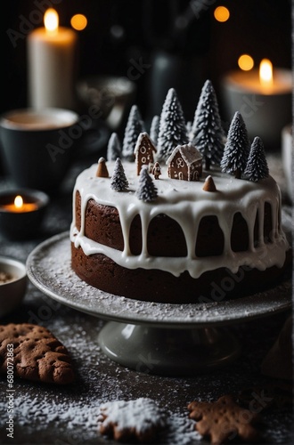 Ginger sponge chocolate Christmas cake with decorations