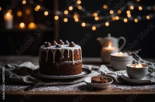 Ginger sponge chocolate Christmas cake with decorations