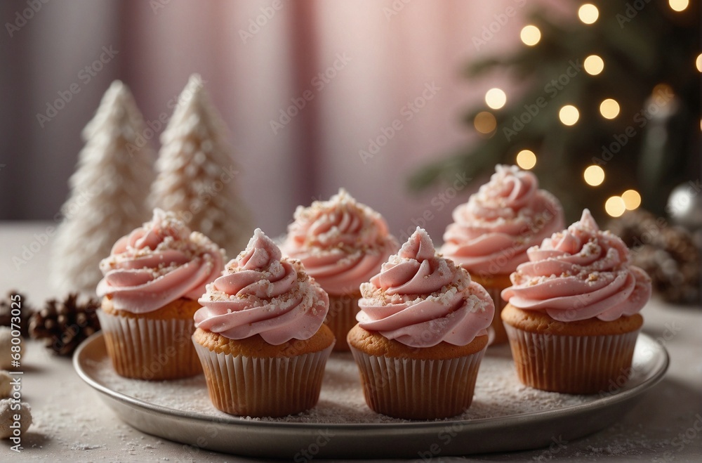 Christmas festive cupcakes muffins with delicate pink cream