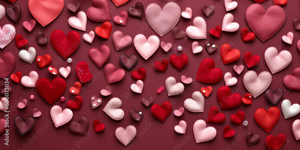 Valentine`s day background with hearts made by hands as gift. Handmade gifts