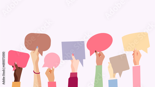 Group communication of a multicultural group of people with raised hands holding speech bubble.