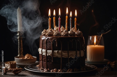 Festive sponge chocolate cake with candles photo