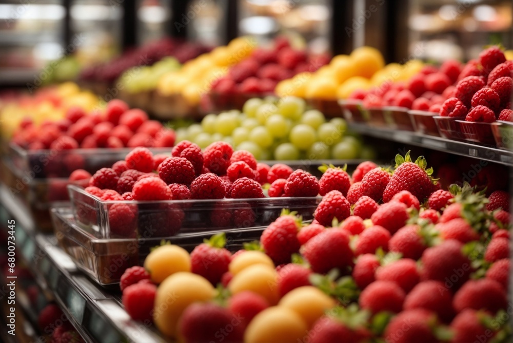 Various types of fresh forest berries on the shelves of a supermarket