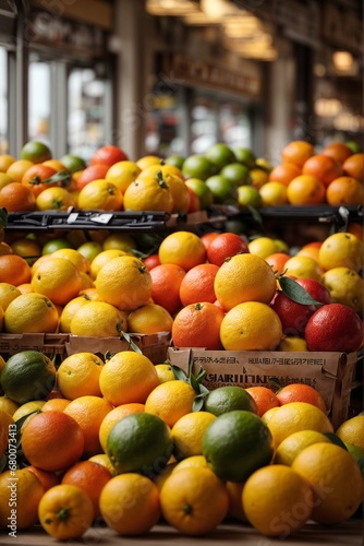 Vibrant citrus fruits: lemons, limes, oranges in a grocery supermarket at the market.