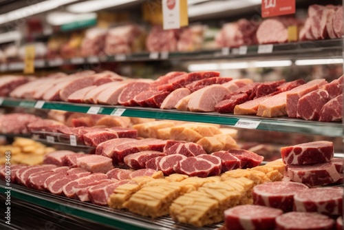 Various varieties of fresh meat on the shelves in a grocery supermarket: a wide selection.