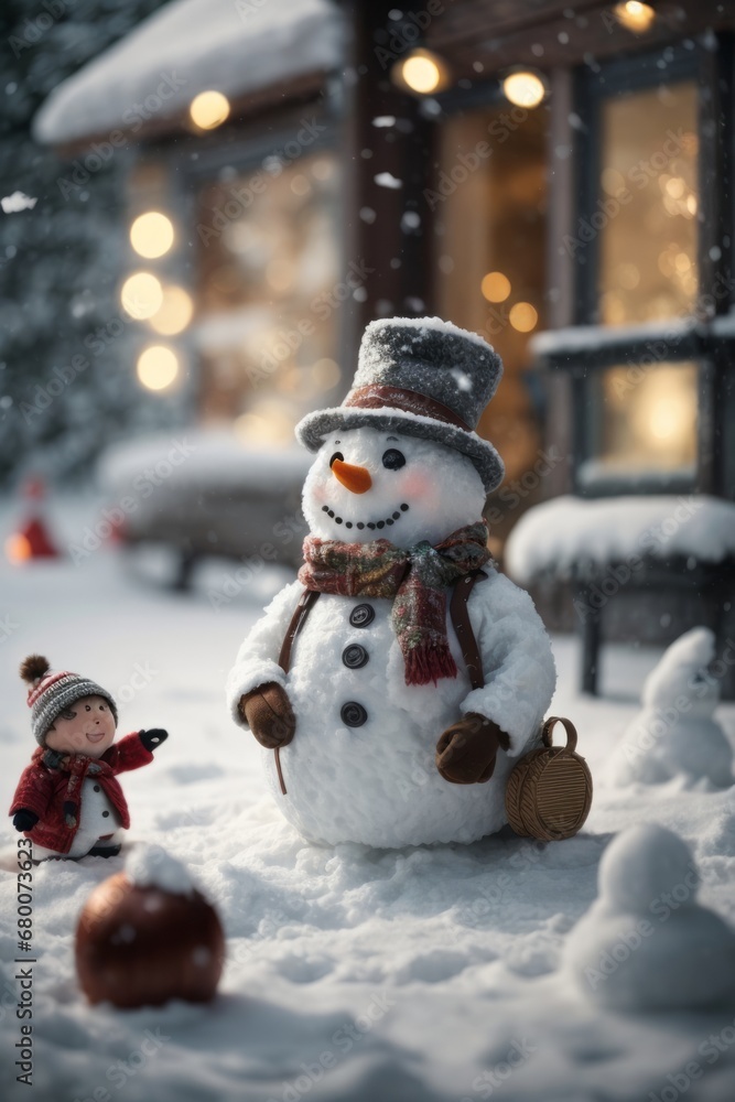 Fototapeta premium A snowman on a winter street on the background of a house