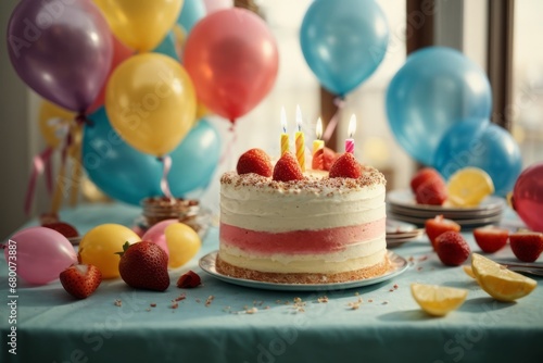 Close-up of a beautiful cake with cream, strawberries, burning candles on a background of colorful balloons. Holiday, birthday, congratulations, gift, surprise concept.
