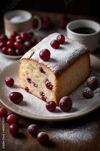 Sweet Cherry Delight: Sponge Cake with Powdered Sugar and Fresh Berries