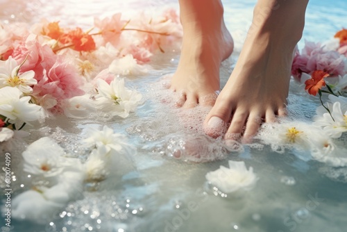 Feet in a relaxation bath with sea salt or flowers.