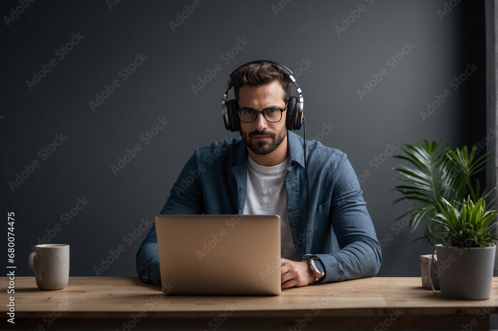 Man wearing headphones and glasses working on a laptop in the office. Man wearing headphones and glasses working on a laptop in the office.