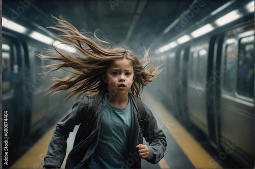 A Little Girl Runs Scared into the Subway. Horror Movie Frame.