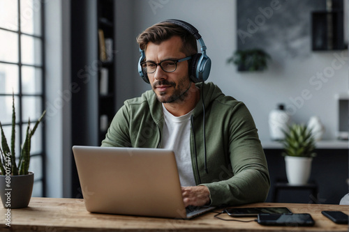 Man wearing headphones and glasses working on a laptop in the office.