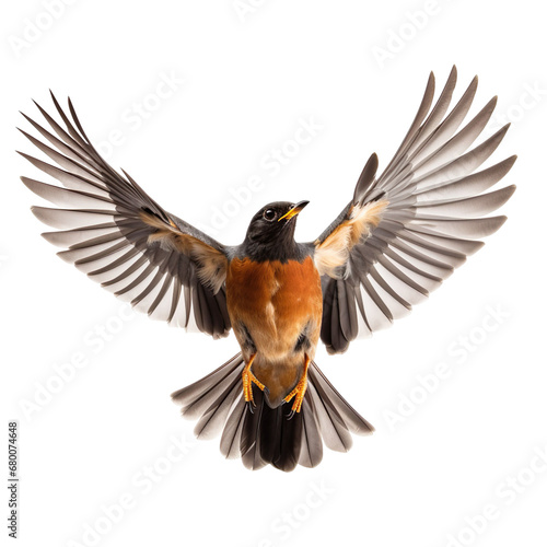 front view of American Robin bird with wings open and landing  isolated on a white transparent background  © SuperPixel Inc