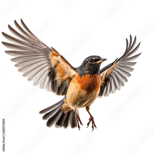 front view of bird with American Robin wings open and landing isolated on a white transparent background 