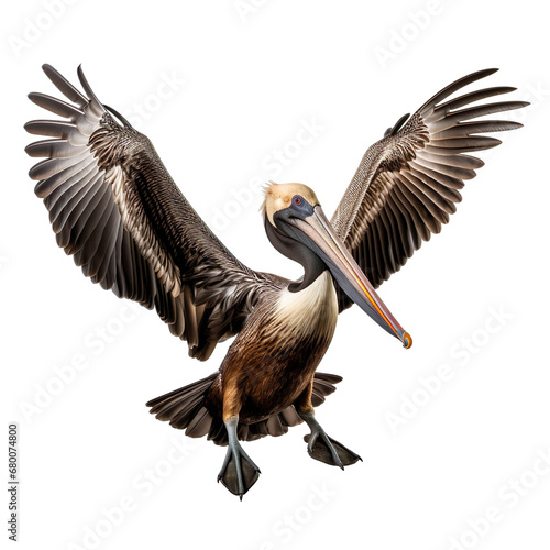 front view of Brown Pelican bird with wings open and landing  isolated on a white transparent background  © SuperPixel Inc