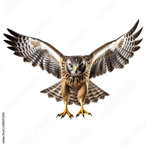 front view of Northern Harrier bird with wings open and landing isolated on a white transparent background 