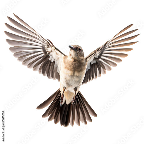 front view of Northern Mockingbird bird with wings open and landing isolated on a white transparent background 
