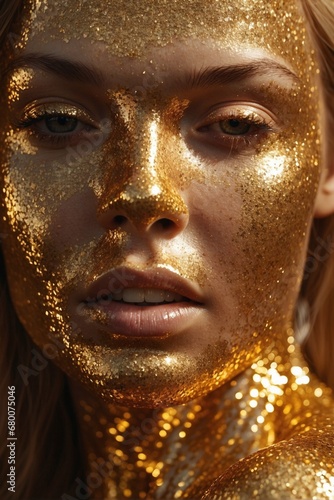 Close-up beauty portrait of a gorgeous young European woman with golden makeup and golden glitter.