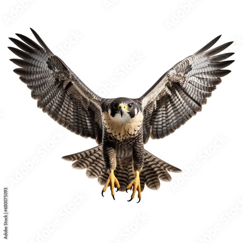 front view of Peregrine Falcon bird with wings open and landing isolated on a white transparent background 