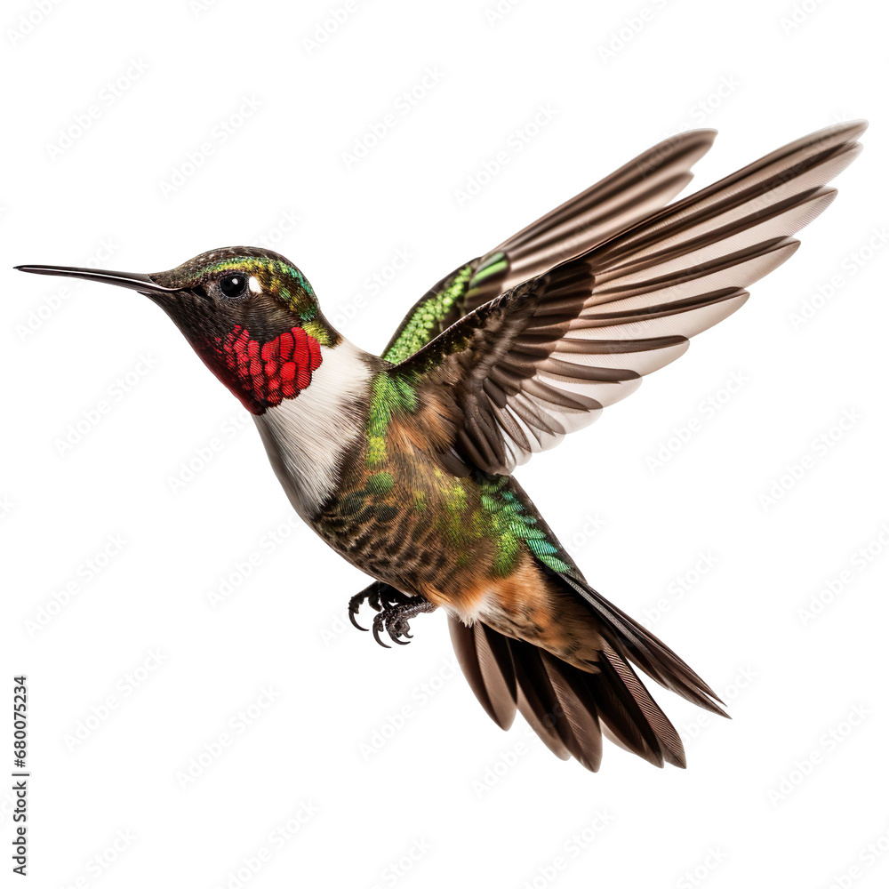 Obraz premium front view of Ruby-throated Hummingbird bird with wings open and landing isolated on a white transparent background 