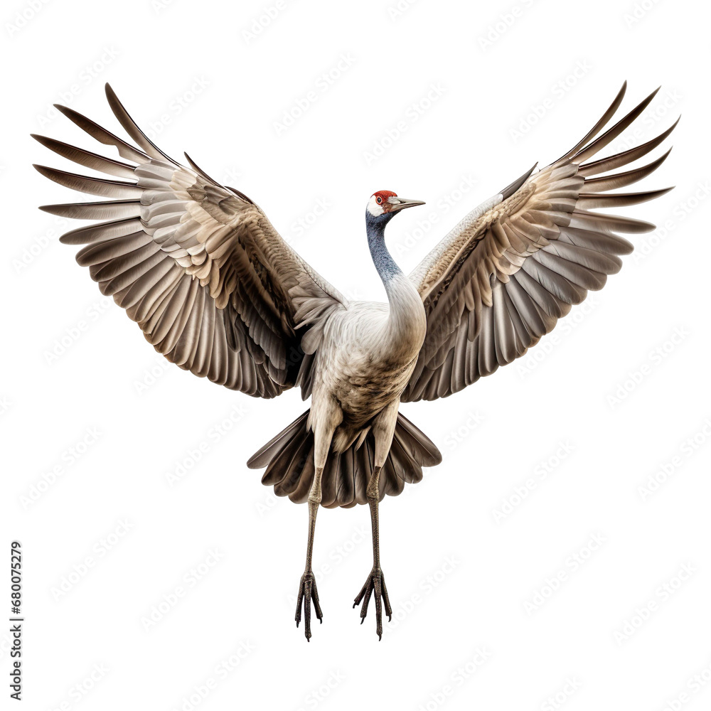 Fototapeta premium front view of Sandhill Crane bird with wings open and landing isolated on a white transparent background 