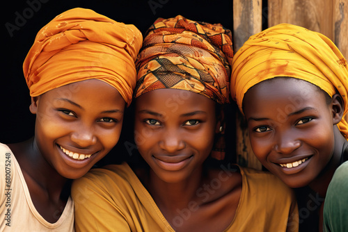 Portrait of three happy African girls in a rural village in Africa in headscarf
