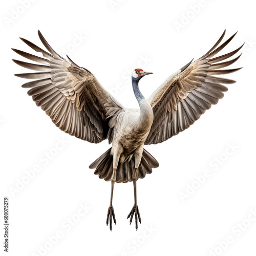 front view of Sandhill Crane bird with wings open and landing isolated on a white transparent background 