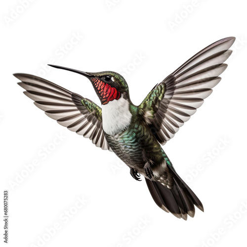 front view of Ruby-throated Hummingbird bird with wings open and landing isolated on a white transparent background 