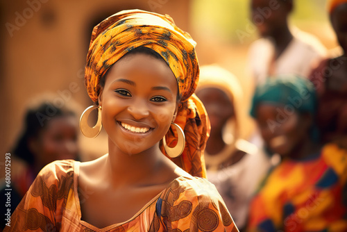 young african girl smiling wearing traditional clothing n a rural village looking at the camera