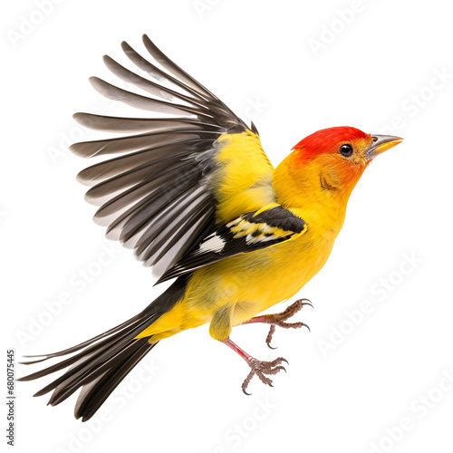 front view of Western Tanager bird with wings open and landing  isolated on a white transparent background  © SuperPixel Inc