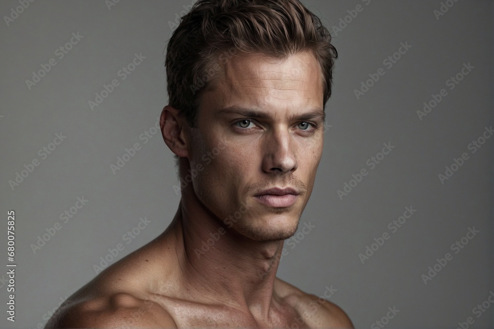 Obraz premium Stylish Portrait of a Handsome Man with a Model Hairstyle and Bare Torso