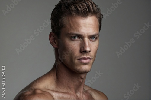 Stylish Portrait of a Handsome Man with a Model Hairstyle and Bare Torso