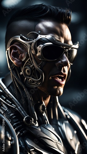 cyborg warrior, sci-fi scenery, evil man, generative ai illustration