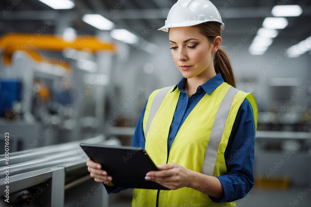 Beautiful young woman, a worker at a manufacturing factory, in uniform Beautiful young woman, a worker at a manufacturing factory, in uniform