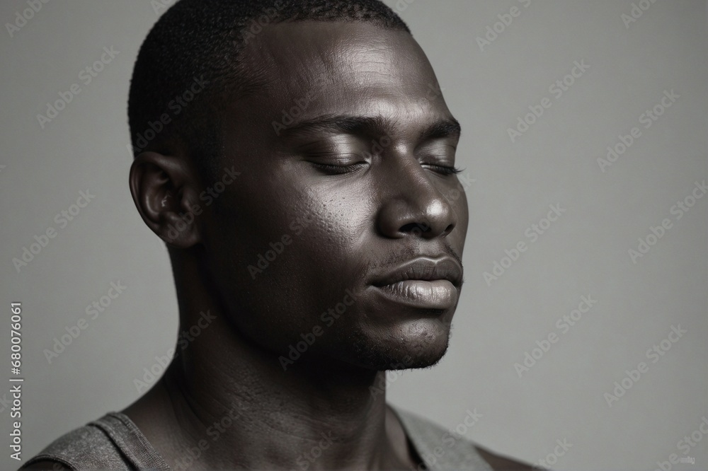 Obraz premium Stylish portrait of a pensive young African American man with flawless, clean-shaven skin.