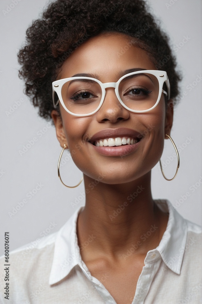 Close-up portrait of a happy, beautiful young African-American woman wearing white glasses against a light gray background.