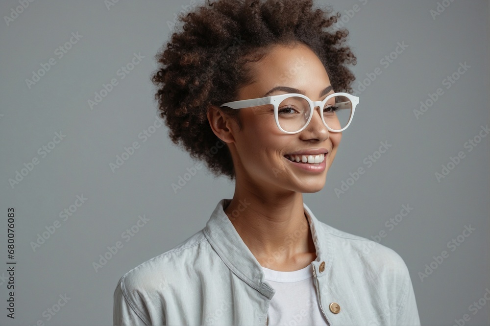 Close-up portrait of a happy, beautiful young African-American woman wearing white glasses against a light gray background. Close-up portrait of a happy, beautiful young African-American woman wearing white glasses against a light gray background.