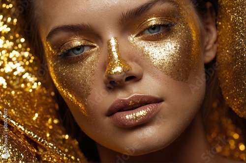 Close-up beauty portrait of a gorgeous young European woman with golden makeup and golden glitter.