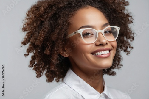 Close-up portrait of a happy, beautiful young African-American woman wearing white glasses against a light gray background.