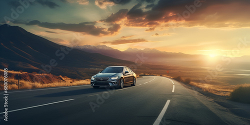 Road to Serenity Sleek Sports Car Amidst Majestic Mountains Highway Serenity Retro Car on a Mountainous Sunset Drive Ai Generative