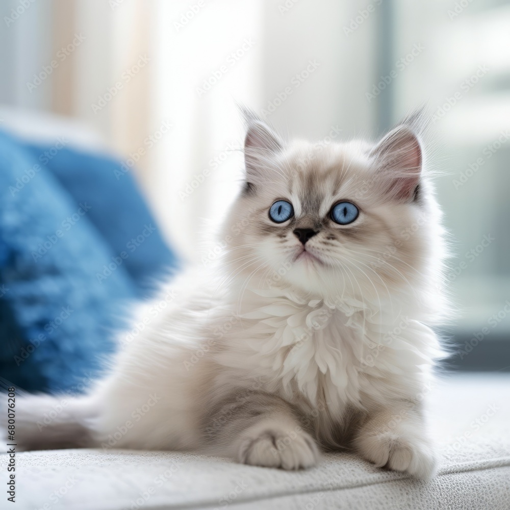 Portrait of a blue Ragamuffin kitten lying on sofa beside a window in a light room. Cute Ragamuffin kitty at home. Portrait of an adorable little cat with thick fluffy fur looking to the side.