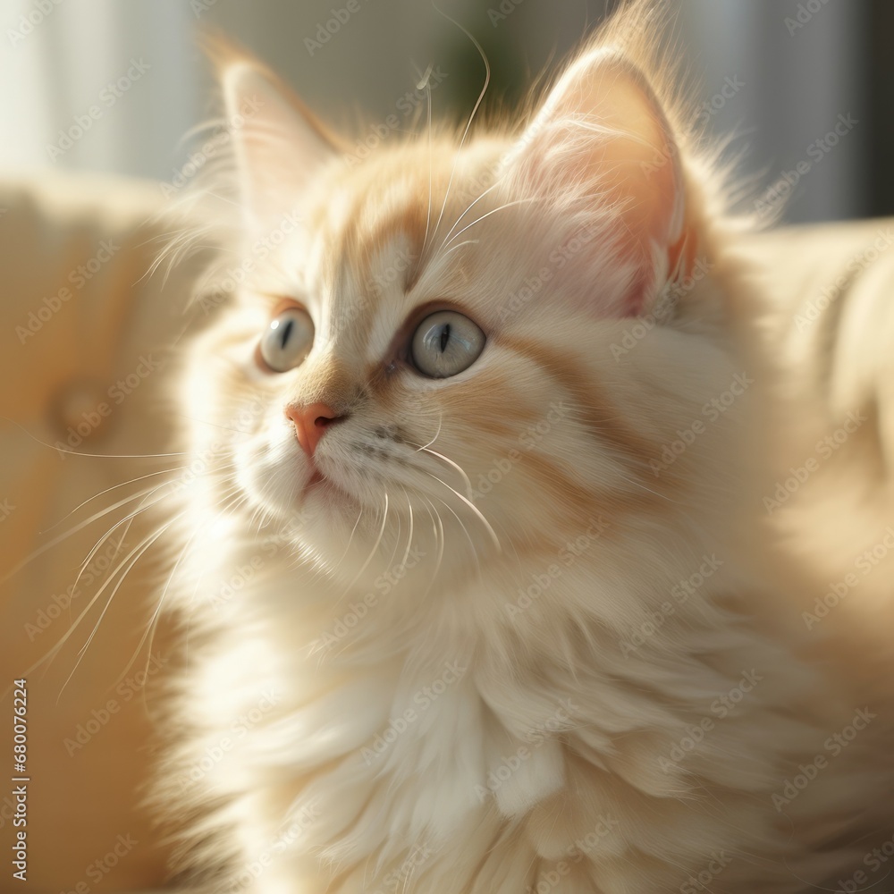 Portrait of a cream Siberian Cat kitten looking forward. Closeup face of a cute Siberian Cat kitty at home. Portrait of a little cat with fluffy cream fur sitting in a light room beside a window.