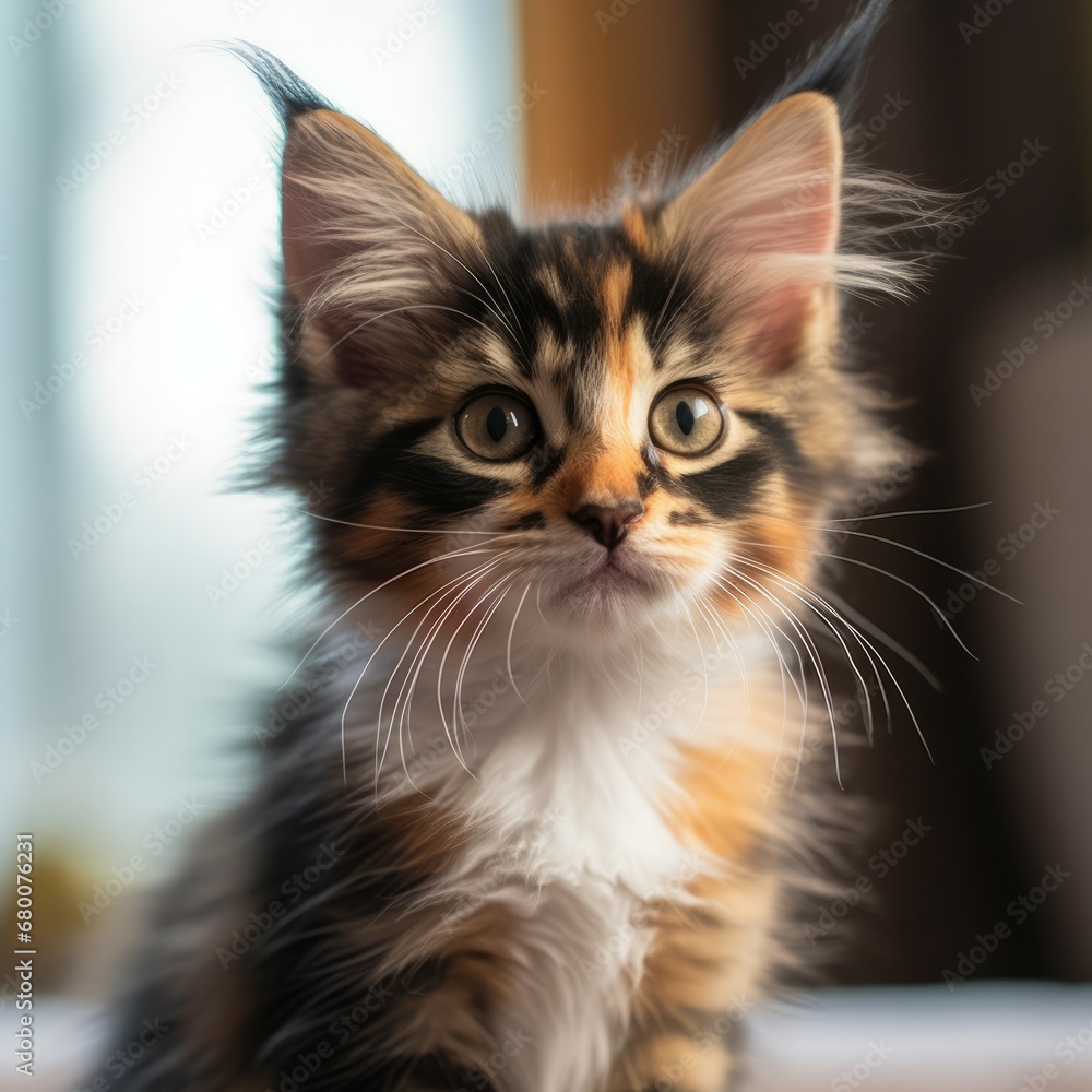 Portrait of a tortoiseshell Norwegian Forest Cat kitten looking forward. Closeup face of a small cute  kitty at home. Portrait of a little cat with thick fur sitting in a light room beside a window.