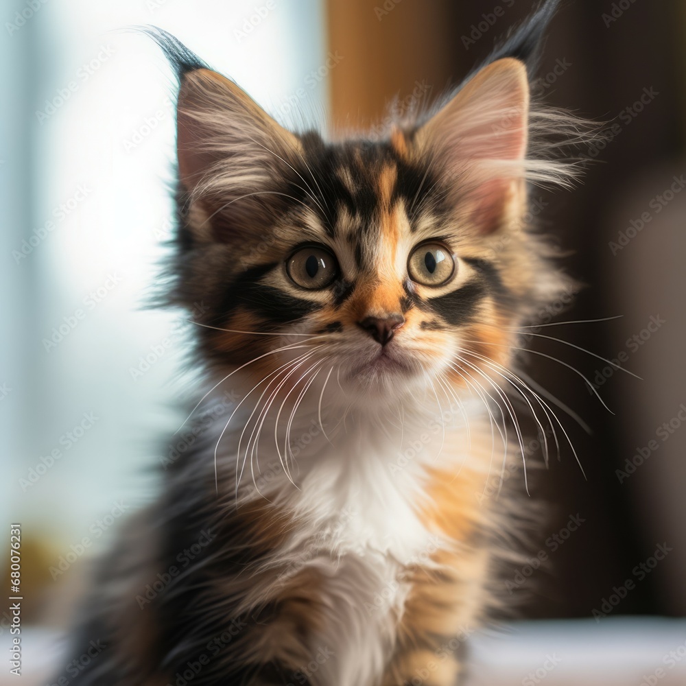 Portrait of a tortoiseshell Norwegian Forest Cat kitten looking forward. Closeup face of a small cute kitty at home. Portrait of a little cat with thick fur sitting in a light room beside a window. Portrait of a tortoiseshell Norwegian Forest Cat kitten looking forward. Closeup face of a small cute kitty at home. Portrait of a little cat with thick fur sitting in a light room beside a window.