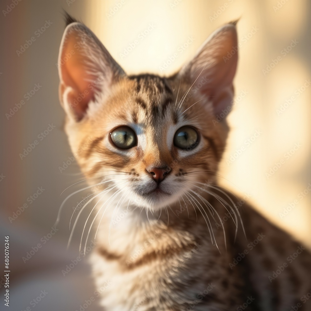 Portrait of a cute brown Savannah kitten looking forward. Closeup face of an adorable stiped Savannah kitty at home. Portrait of a little cat with tabby fur sitting in light room beside window.