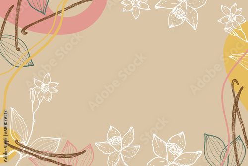 Vanilla label template background for text. Flower and sticks of vanilla plant vector illustration with pods, fragrant spices. For label,spice packaging, card, banner. Hand drawn abstract design 