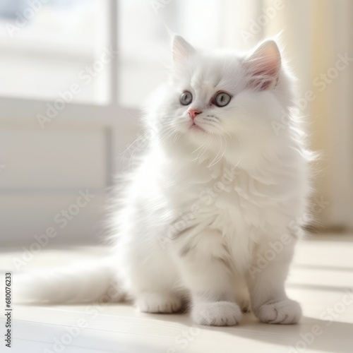 Portrait of a white Ragamuffin kitten looking to the side. Portrait of a cute little Ragamuffin kitty with thick white fur sitting in a light room beside a window. Beautiful small cat at home.