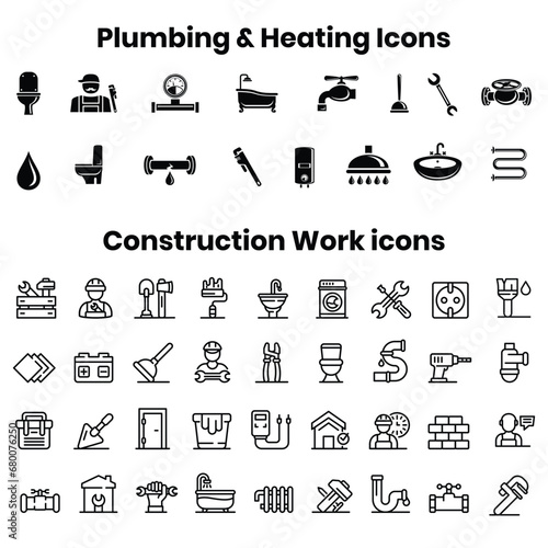 Set of Plumbing icons, Heating Icons and Construction Work Icons vector and illustration