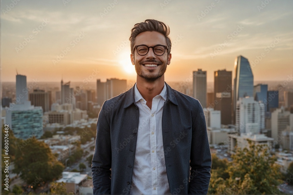 Happy man in a business suit against the backdrop of a metropolis on a sunny day